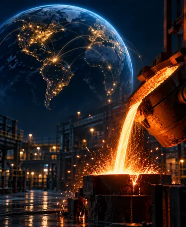 One World globe motif over molten metal