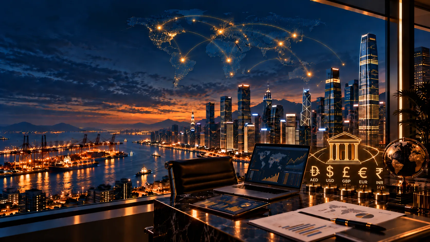 A bank vault entrance overlooking a shipping port and city skyline at dusk, trade routes traced across a world map above